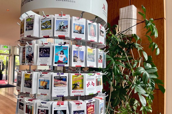 brochure rack in a hotel lobby