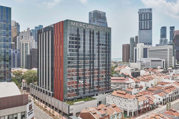 Exterior of a hotel along the Singapore skyline