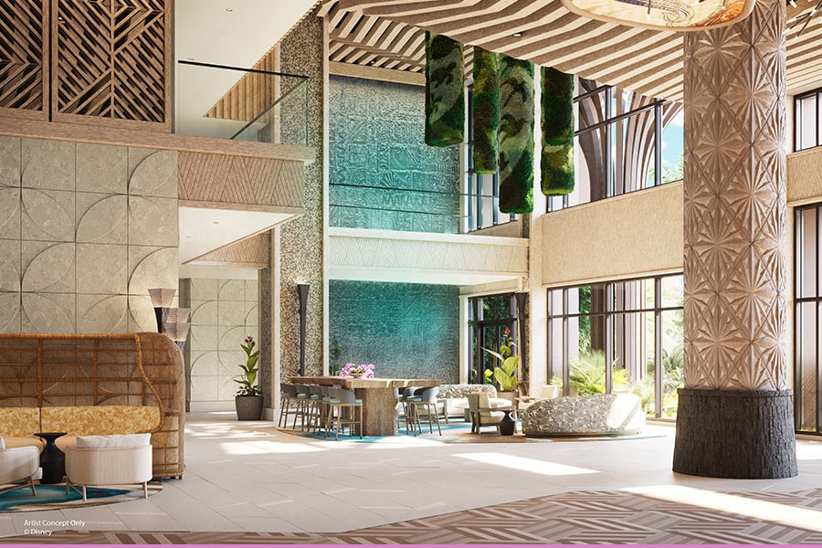 a two-story hotel lobby with natural light