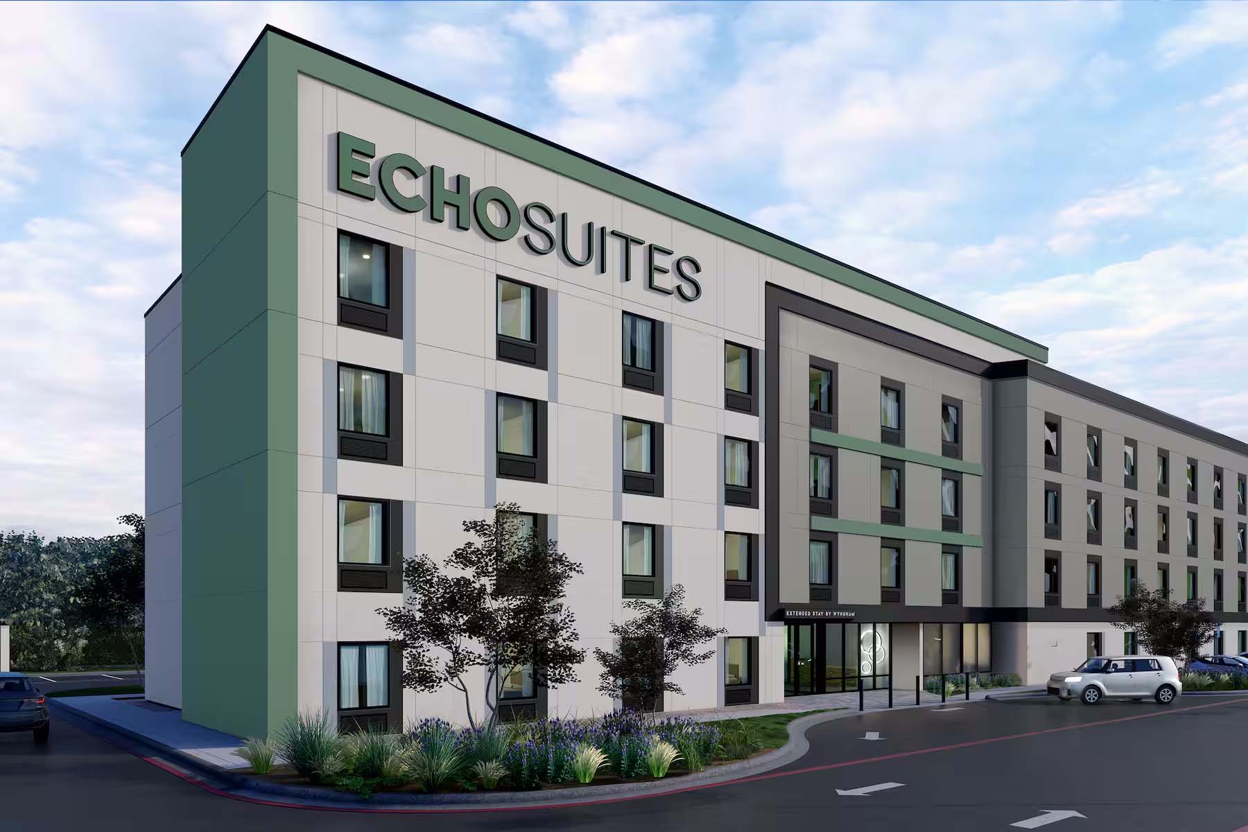 Rendering of an exterior of a four-story motel