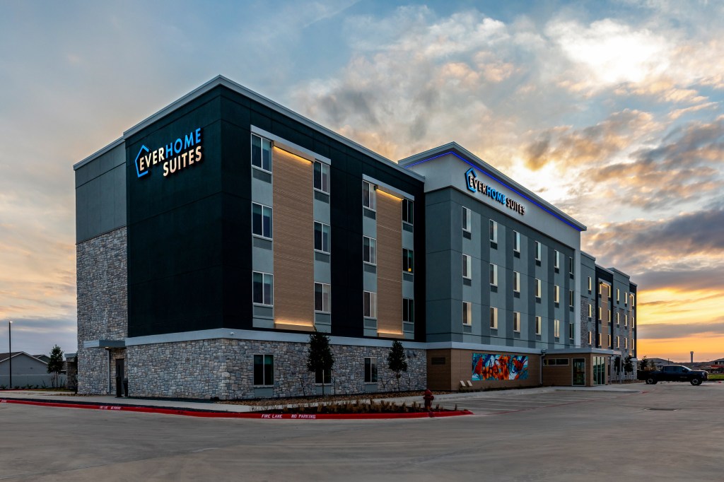 exterior of a brand new extended stay hotel from the Everhome Suites brand