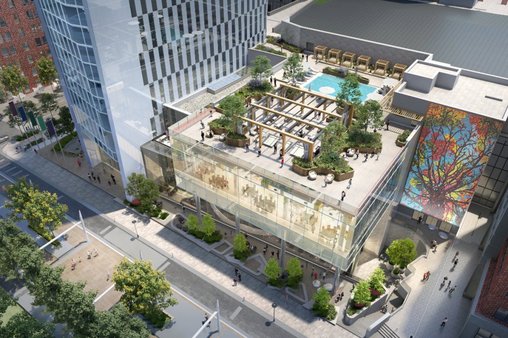 photo illustration of what a pool deck may look like at a Signia hotel by Hilton