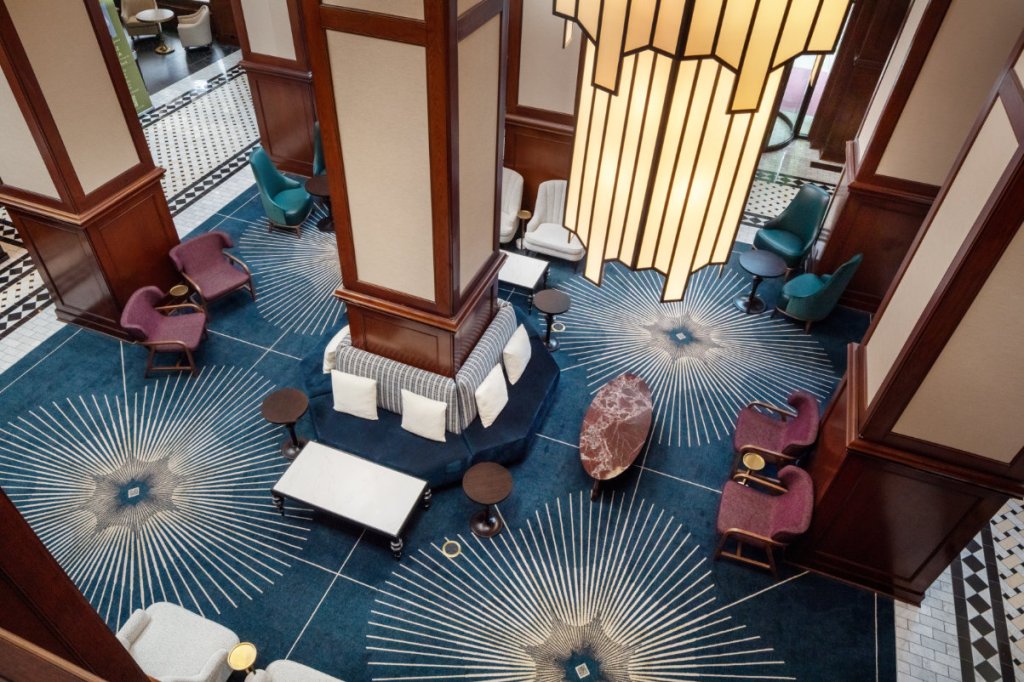 view from above of a hotel lobby