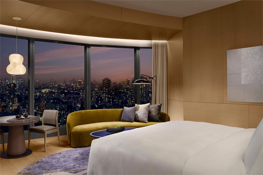 guest room at the JW Marriott Hotel in Tokyo, seen at sunset from the inside