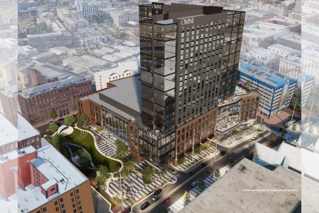 A rendering or photo illustration of what the Omni New Orleans Convention Center Hotel might look like when it is built.