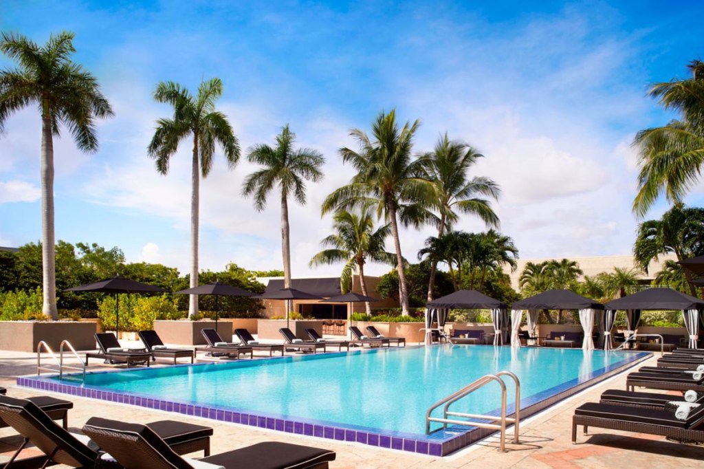 image of an outdoor swimming pool with palm trees at a luxury hotel