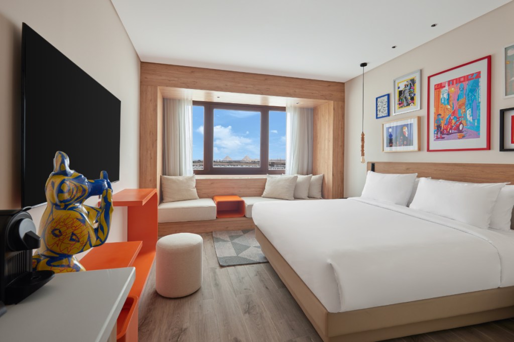 a guest room at a premium Hyatt hotel