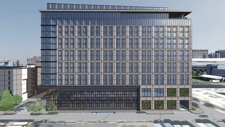 facade of a new hotel planned for Boston in the daylight