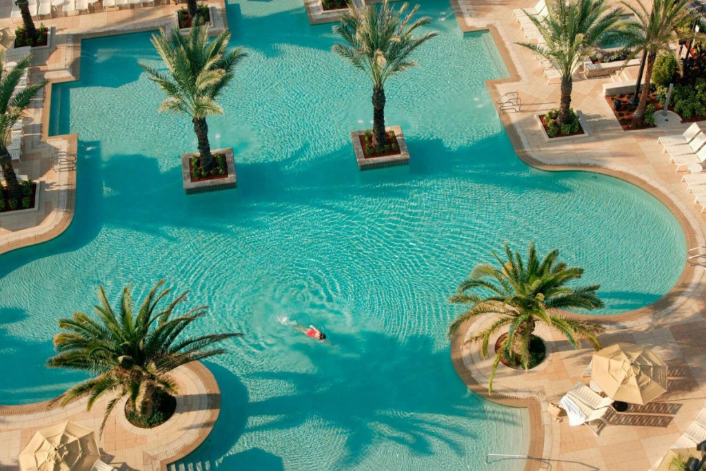 Image of a woman swimming in a pool viewed from overhead with small islands of palm trees in the pool, on a sunny day