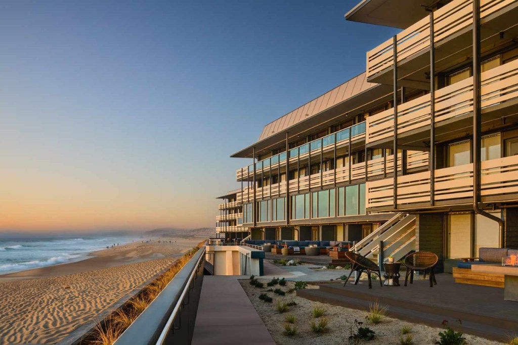 Exterior view of a beachfront hotel in Monterey, California.